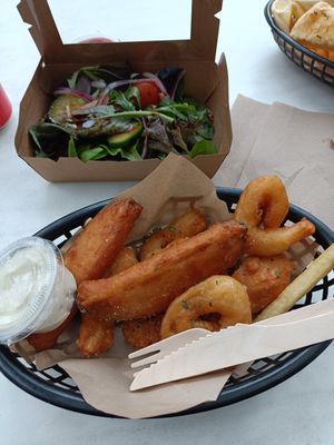 Vegan fish shack mix - fish, calamari, prawn and garden salad at The Fish Shack in Canberra