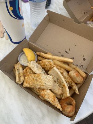 Vegan fish and chips (also gluten free) with salted caramel soy milkshake  at The Fish Shack in Canberra