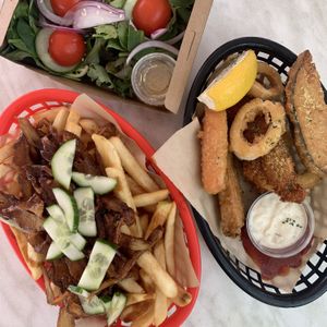 Duck fries, seafood basket and salad  at The Fish Shack in Canberra
