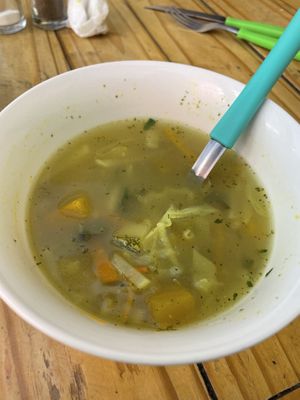 Sopa de legumes muito bem temperada !  at Lupito Cocina Vegana in La Paz