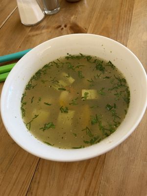 Soup as starter  at Lupito Cocina Vegana in La Paz