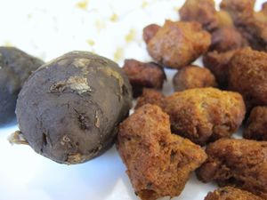 chicharrón based on soybeans, mote, and Chuño (small dried potatoes).  at Lupito Cocina Vegana in La Paz