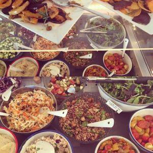 Saladbar with fresh, organic and daily changing dishes at Cafe Kamiel in Antwerpen