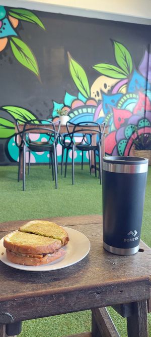 Mediterranean tostie and chai latte (w my reusable mug) at Charlie's Raw Squeeze - Clontarf in Moreton Bay Region