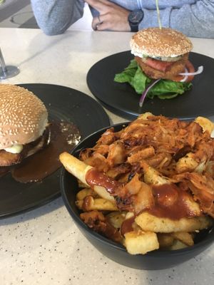 the loaded BBQ fries and the limited edition Chick'n gravy burger were to die for!!  at MooFree Burgers - North Lakes in Moreton Bay Region