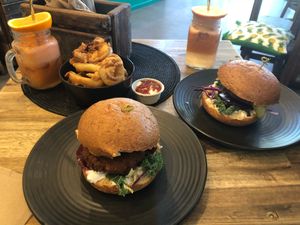 Mama burger, onion rings & juice. Delightful. Highly recommend a visit here!!!!!  at MooFree Burgers - North Lakes in Moreton Bay Region