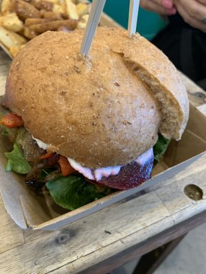 Don’t be mean, be green burger. A bit dry but not bad   at MooFree Burgers - North Lakes in Moreton Bay Region