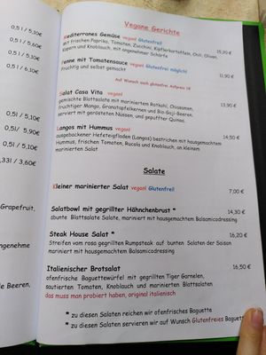 Menu, vegan at Casa Vita in Wernigerode