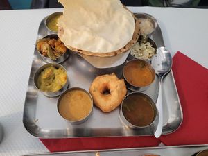 South Indian vegan thali  at Saravanaa Bhavan in Paris