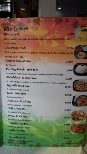 Menu at Saravanaa Bhavan in Paris