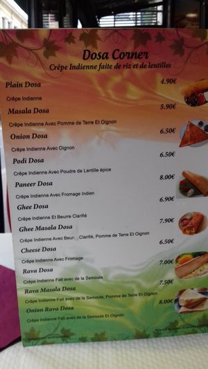 Menu at Saravanaa Bhavan in Paris
