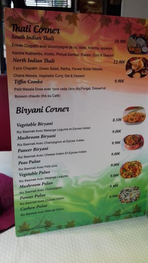 Menu at Saravanaa Bhavan in Paris