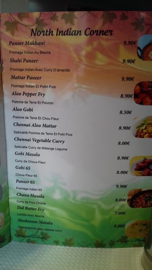 Menu at Saravanaa Bhavan in Paris
