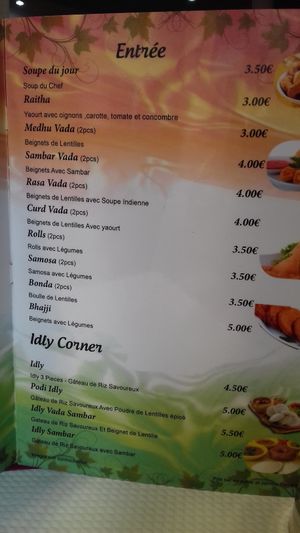 Menu at Saravanaa Bhavan in Paris