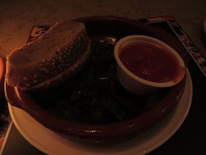 Pimientos de Padrón (small, sometimes hot Spanish green peppers, fried and sprinkled with sea salt, plus a dip of your choice)  at Celona in Saarbrucken