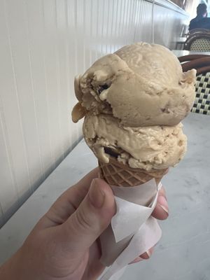 Caramel crunch “single scoop” on sugar cone  at Angela's Ice Cream - Petaluma Blvd in Petaluma