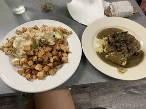 Vegan benedict with a side of vegan biscuit and gravy at Lazy Day Cafe in Salt Lake City