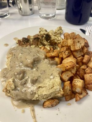 Vegan Biscuits & Gravy with potatoes & tofu scramble (all very good!)   at Lazy Day Cafe in Salt Lake City