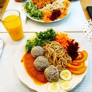 Meatless balls with all grain pasta and salad at Kibom in Setubal