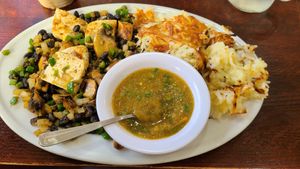 Vegan Salsa Scrabbler with hashbrowns at Southern Belles Pancake House in Plainfield