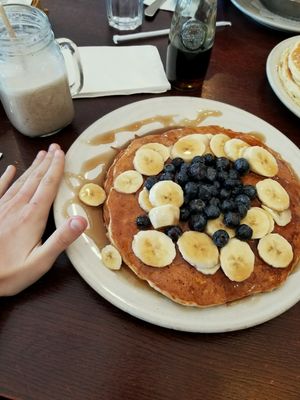 Vegan oat pancakes and the vegan shake at Southern Belles Pancake House in Plainfield