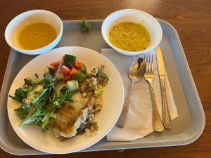 Shepherds pie with squash soup, salad, & I can’t recall the name of the other dish in the photo    at Art of Living Retreat Center in Boone