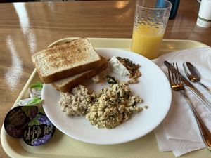 Vegan cream cheese with nuts, toast, & vegan scramble   at Art of Living Retreat Center in Boone