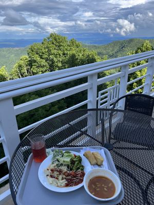 Vegan Alfredo with sun dried tomatoes, garlic bread, bolognese, vegan Caesar salad, & minestrone soup  at Art of Living Retreat Center in Boone