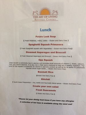 An example of a lunch menu at Art of Living Retreat Center in Boone