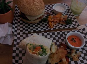 Wrap and burger. at Quinoa Arago Vegetaria in Barcelona