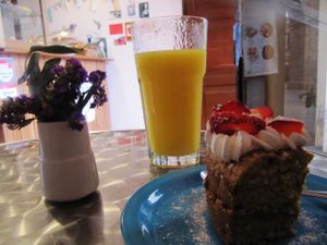 Strawberry buttercream vegan cake at The Churro Bar & Vegan Bakery in Cusco