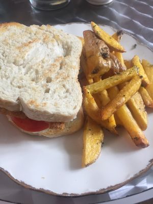 Vegan BLT and fries at The Churro Bar & Vegan Bakery in Cusco