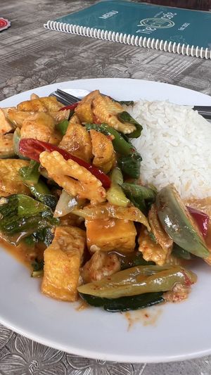Rice with red chilli paste, tofu and vegetables  at The Chill in Trat