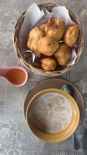 Pinaples in tempura, bananas in coconut milk  at The Chill in Trat