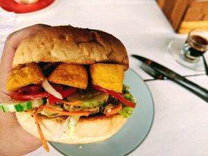 Custom vegan tofu burger, as suggested by the owner! Yummy as hell! at The Chill in Trat