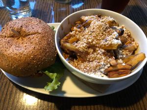 Vegan burger and vegan poutine! at Chez Victor - St Paul in Quebec