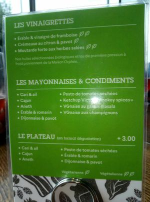 Voici les sauces. Voir les reperes vegeta*iens 😏 at Chez Victor - St Paul in Quebec