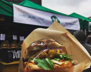 spicy chick pea burger at Big V - Greenwich Market Food Stand in South East London