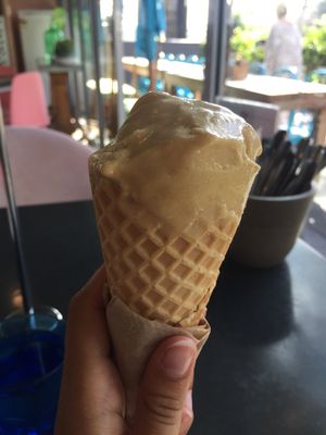 Vegan ice cream in vegan cone at The Cardamom Pod in Broadbeach