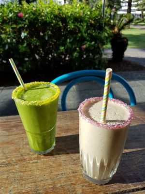 The Hulk and Gym Junkie smoothies with vegan protein powder at The Cardamom Pod in Broadbeach