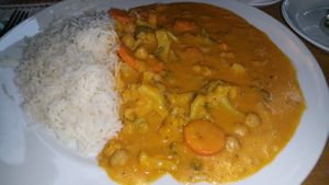 Vegan chickpea curry with rice - really nice! And under 8 Euro! at Försters in Offenbach