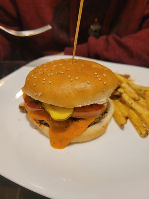 vegan cheese burger with fries at Go Green in La Paz