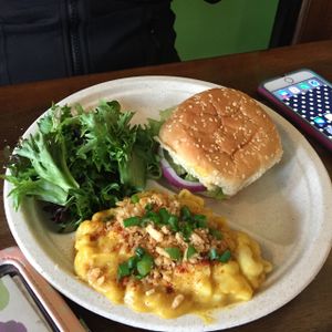 Cheeze Burger, salad, Mac n cheese. at Mana in Binghamton