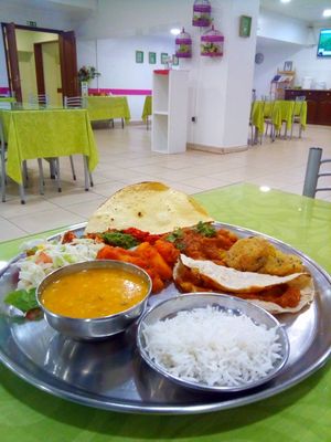 Mix of dishes, salad and bread without butter at Cantina Indiana in Lisbon