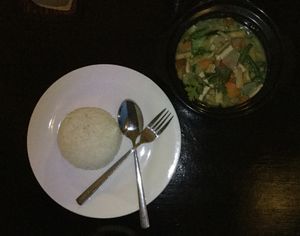 vegan green tofu  curry with rice at Thai Fire in Kampot