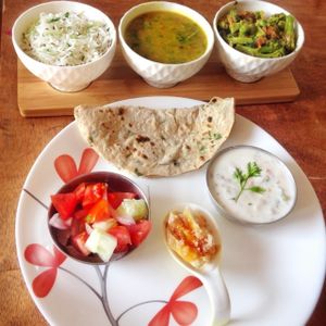 Ayurvedic thali, vegan option with cashew raita, cooked with olive oil at Teaffanys in Goa