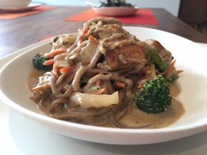Tempeh Stir Fry with Gluten Free or Soba Buckwheat Noodles with Almond Sauce at Good Choice Kitchen in Ossining