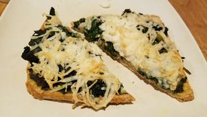 Pizza with spinach, pesto and vegan cheese. Very good. at Good Choice Kitchen in Ossining