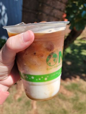 Iced oatmilk vanilla latte at Little Fish Coffee in Koloa