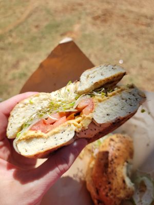 Hippie bagel on everything bagel at Little Fish Coffee in Koloa